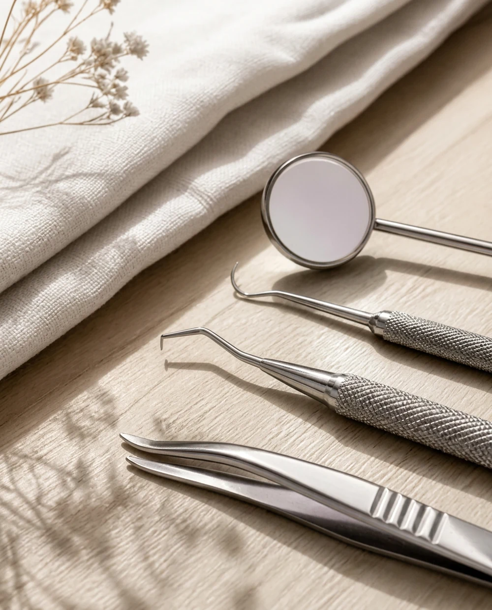 Sterilni dentalni instrumenti i zrcalo uz presavijenu platnenu salvetu na svijetlom drvu